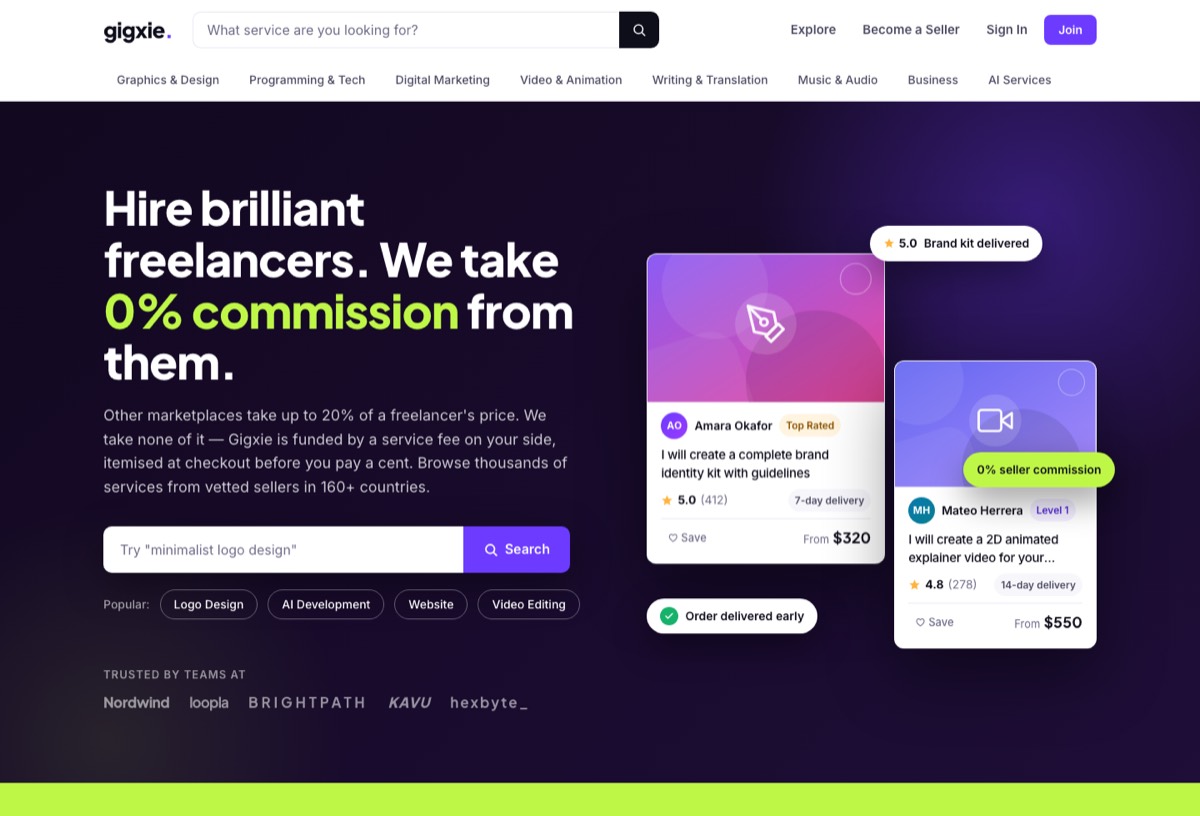 The Gigxie landing page